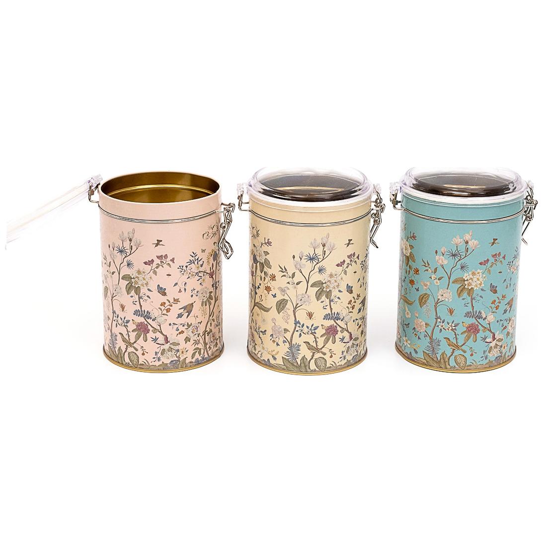 Yuvarlak Metal Kutu Seti (3'lü Set) Ø105x150 mm 1.1L Tel Toka ve Şeffaf Kapak Çiçek Desenli Pastel Mavi Botanica Tasarım —…