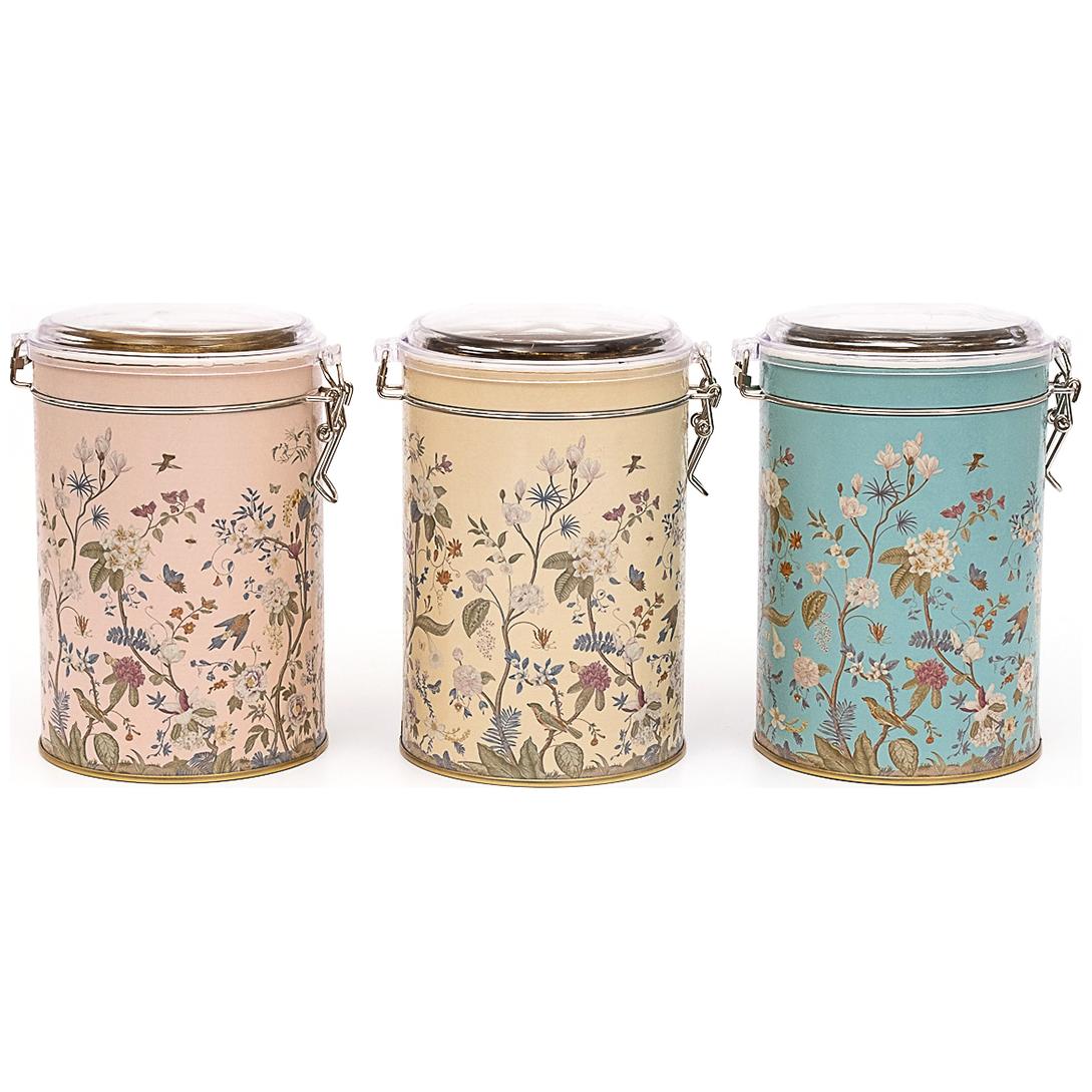 Yuvarlak Metal Kutu Seti (3'lü Set) Ø105x150 mm 1.1L Tel Toka ve Şeffaf Kapak Çiçek Desenli Pastel Mavi Botanica Tasarım —…