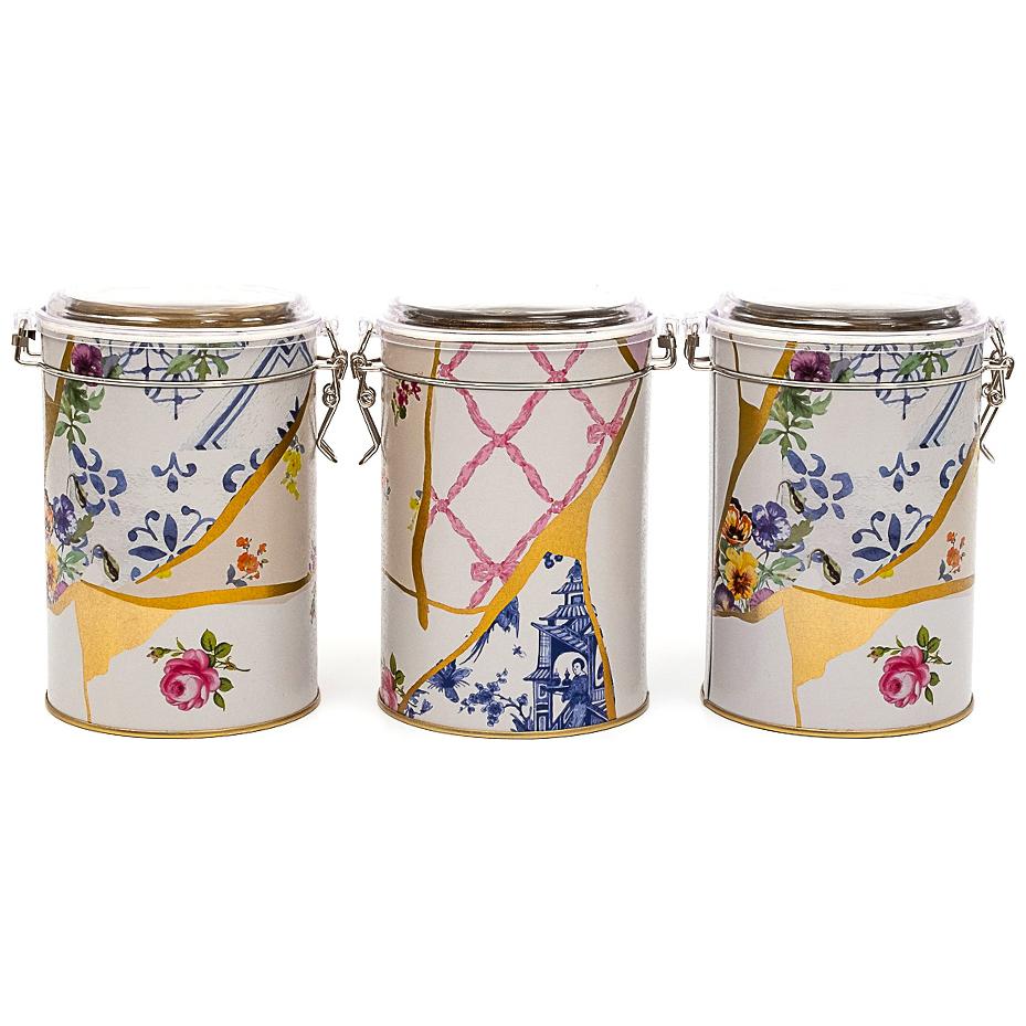 Yuvarlak Metal Kutu Seti (3'lü Set) Ø105x150 mm 1.1L Tel Toka ve Şeffaf Kapak Kintsugi Altın Damarlı Çiçek Kintsugi Tasarı…