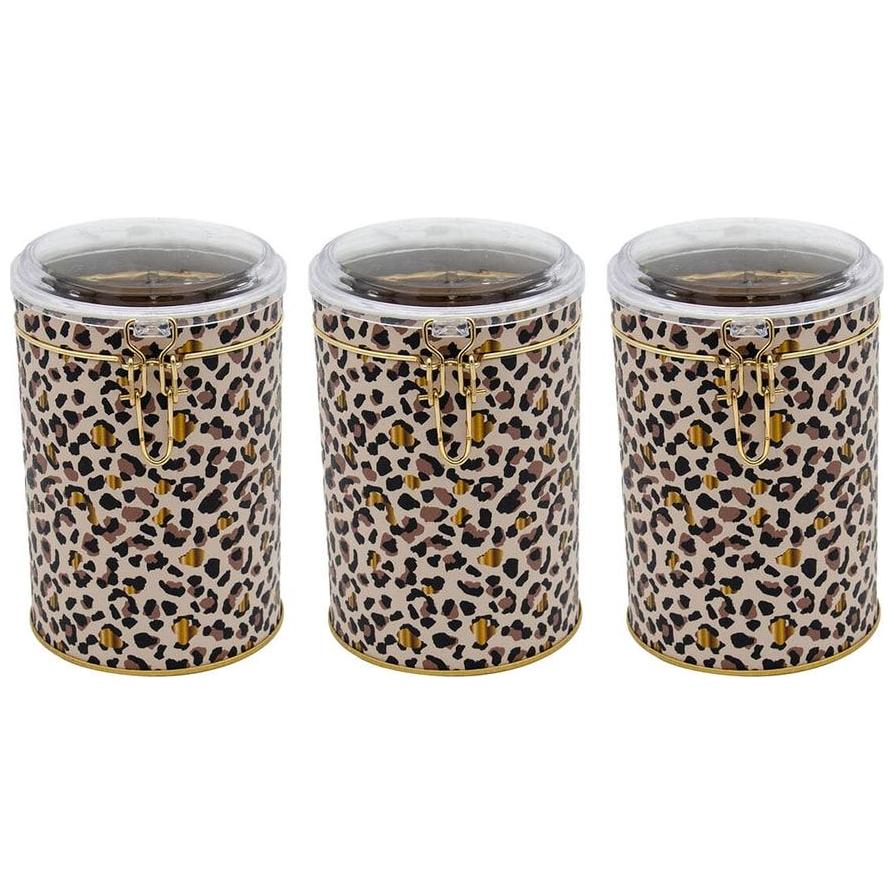 Yuvarlak Metal Kutu Seti (3'lü Set) Ø105x150 mm 1.1L Tel Toka ve Şeffaf Kapak Altın Leopar Desenli Leopar Tasarımı — Kutu …