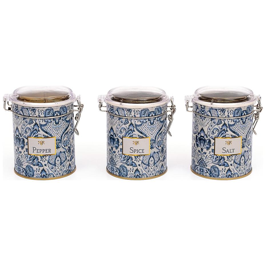 Yuvarlak Metal Kutu Seti (3'lü Set) Ø90x100 mm Tel Toka ve Şeffaf Kapak Azulejo Esintili Mavi ve Beyaz Dekoratif Desen Azu…
