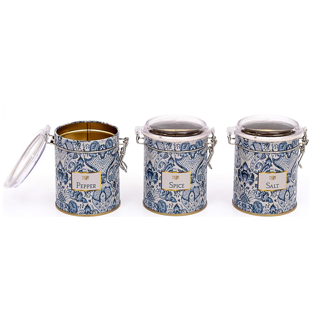 Yuvarlak Metal Kutu Seti (3'lü Set) Ø90x100 mm Tel Toka ve Şeffaf Kapak Azulejo Esintili Mavi ve Beyaz Dekoratif Desen Azu…