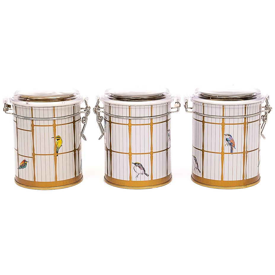 Yuvarlak Metal Kutu Seti (3'lü Set) Ø90x100 mm Tel Toka ve Şeffaf Kapaklı, Renkli Kuşlu Vintage Kuş Kafesi İllüstrasyonu, …