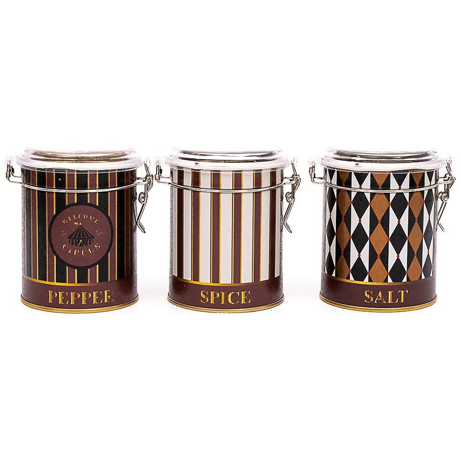 Yuvarlak Metal Kutu Seti (3'lü Set) Ø90x100 mm Tel Toka ve Şeffaf Kapaklı Vintage Sirk Şıklığı Sirk Tasarımı — Kutu Setler…