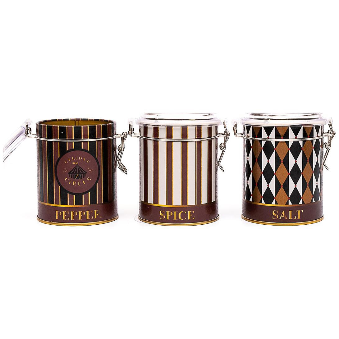 Yuvarlak Metal Kutu Seti (3'lü Set) Ø90x100 mm Tel Toka ve Şeffaf Kapaklı Vintage Sirk Şıklığı Sirk Tasarımı — Kutu Setler…