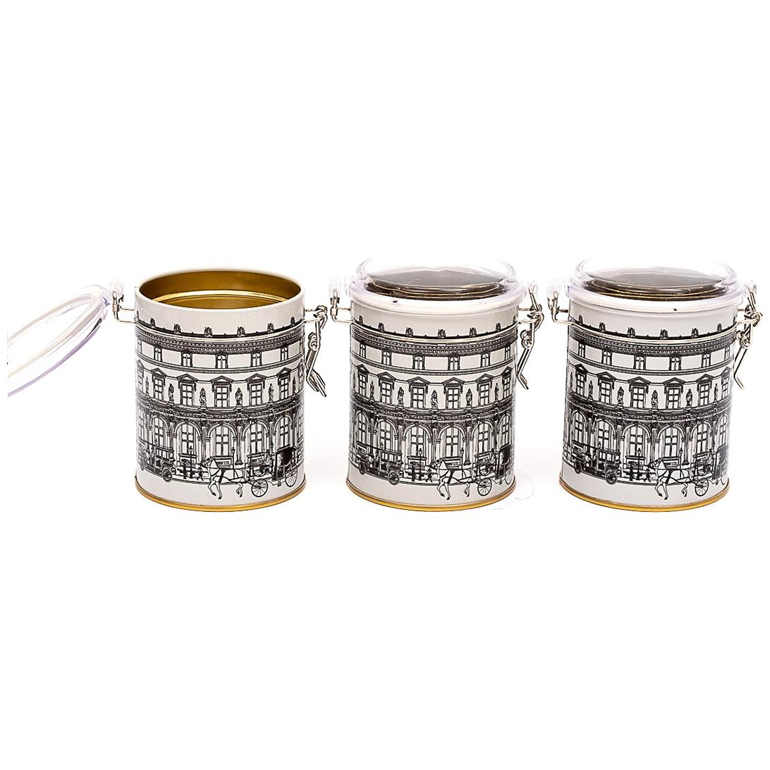 Yuvarlak Metal Kutu Seti (3'lü Set) Ø90x100 mm Tel Toka ve Şeffaf Kapaklı, Vintage Şehir Manzarası İllüstrasyonu, Şehir Ta…