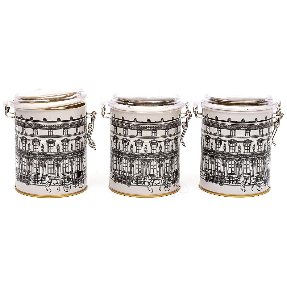 Yuvarlak Metal Kutu Seti (3'lü Set) Ø90x100 mm Tel Toka ve Şeffaf Kapaklı, Vintage Şehir Manzarası İllüstrasyonu, Şehir Ta…