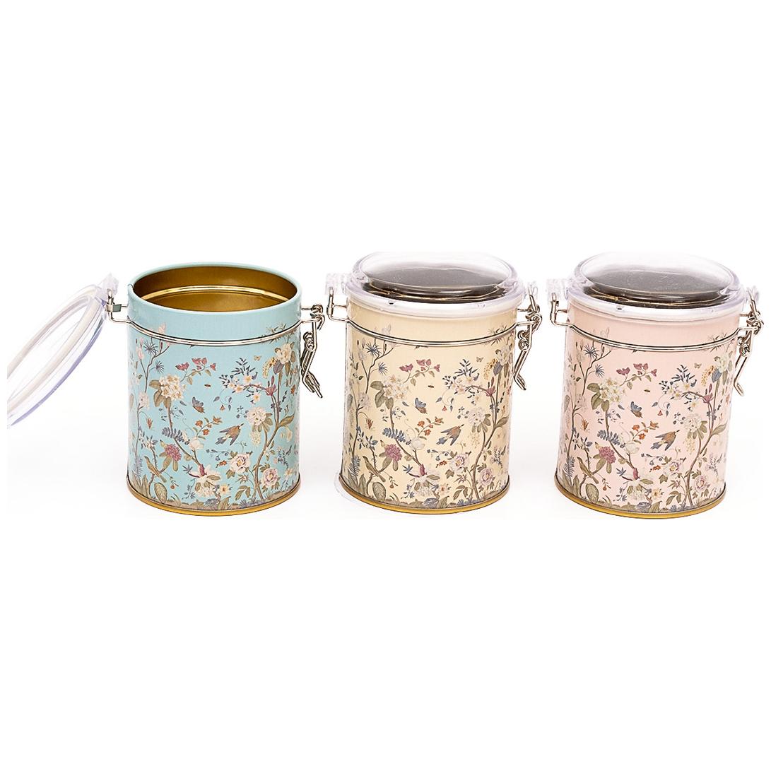 Yuvarlak Metal Kutu Seti (3'lü Set) Ø90x100 mm Tel Toka ve Şeffaf Kapak Çiçek Desenli Pastel Mavi Botanica Tasarım — Kutu …