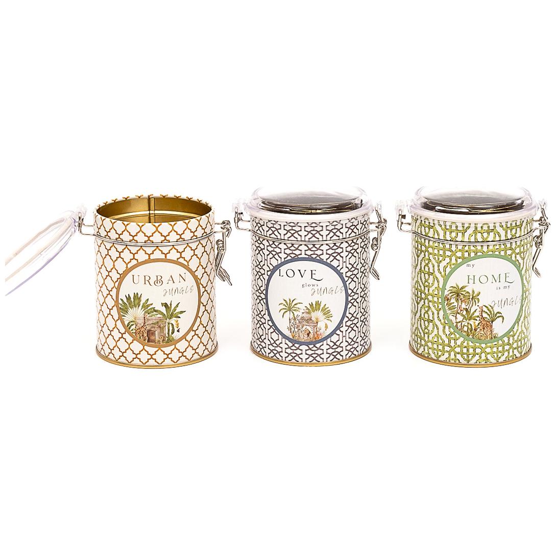 Yuvarlak Metal Kutu Seti (3'lü Set) Ø90x100 mm Tel Toka ve Şeffaf Kapak Tropikal Orman – Doğanın ve Yaban Hayatının Yemyeş…