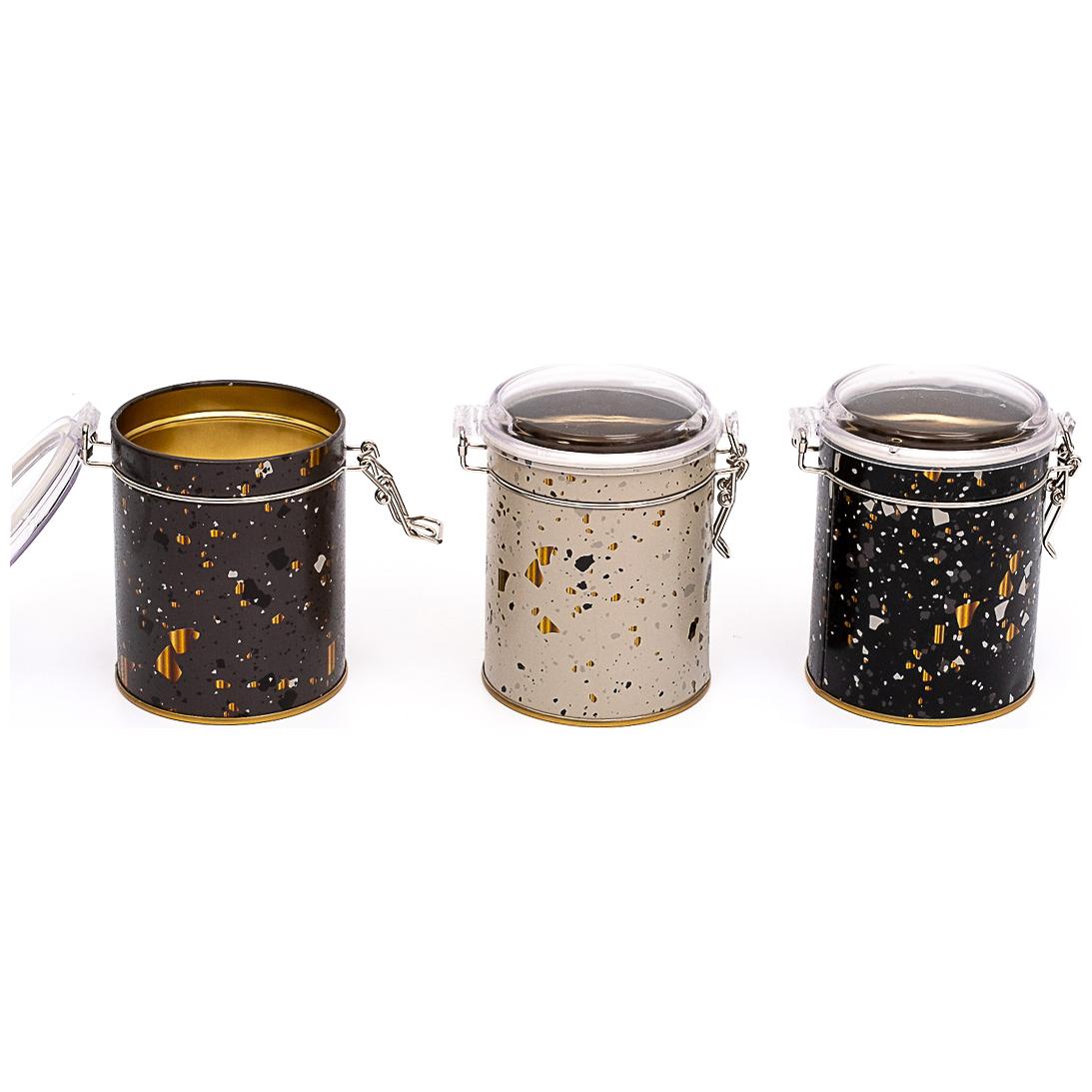 Round Metal Box Set ( Set of 3 ) Ø90x100 mm Wire Clasp and Transparent Lid Terrazo Terrazo Design — Box Sets — view 2 of 2…