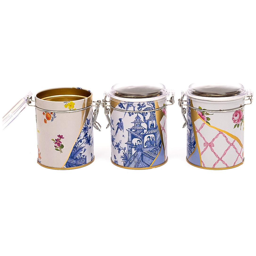 Yuvarlak Metal Kutu Seti (3'lü Set) Ø90x100 mm Tel Toka ve Şeffaf Kapak Kintsugi Altın Damarlı Çiçek Kintsugi Tasarımı — K…