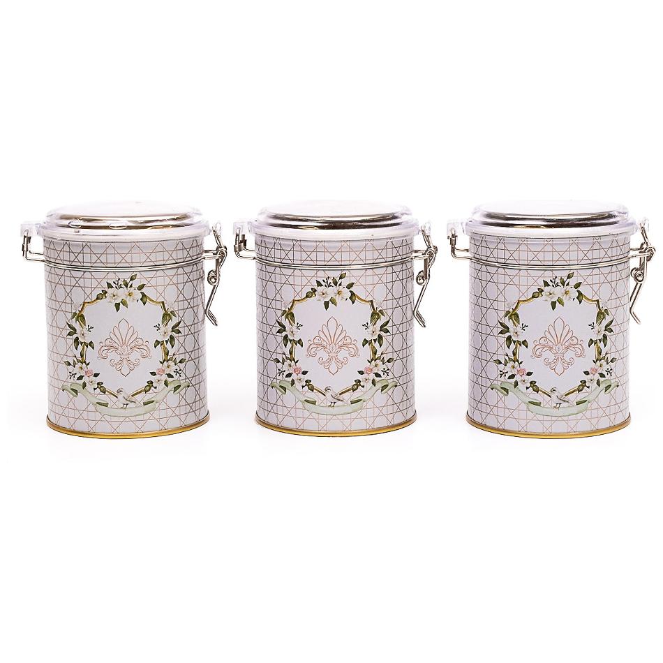 Yuvarlak Metal Kutu Seti (3'lü Set) Ø90x100 mm Tel Toka ve Şeffaf Kapak Rosy Rosy Tasarım — Kutu Setleri — Tinbox
