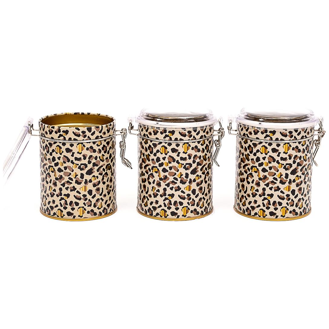 Yuvarlak Metal Kutu Seti (3'lü Set) Ø90x100 mm Tel Toka ve Şeffaf Kapak Altın Leopar Desenli Leopar Tasarımı — Kutu Setler…