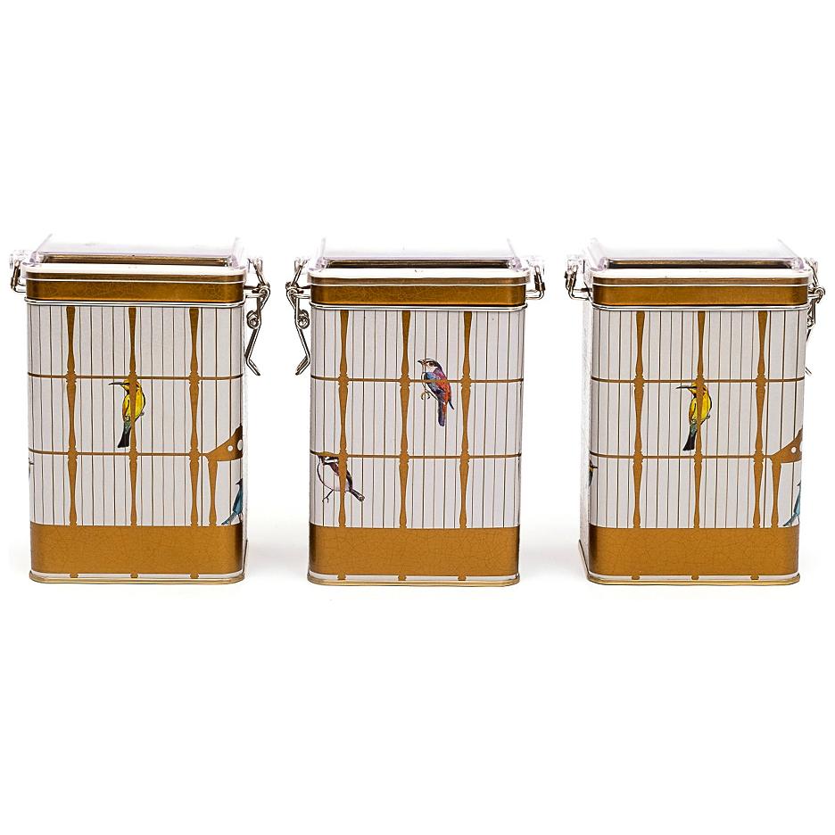 75x100x150 mm Dikdörtgen Metal Kutu Seti (3'lü Set) Tel Toka ve Şeffaf Kapaklı, Renkli Kuşlu Vintage Kuş Kafesi İllüstrasy…