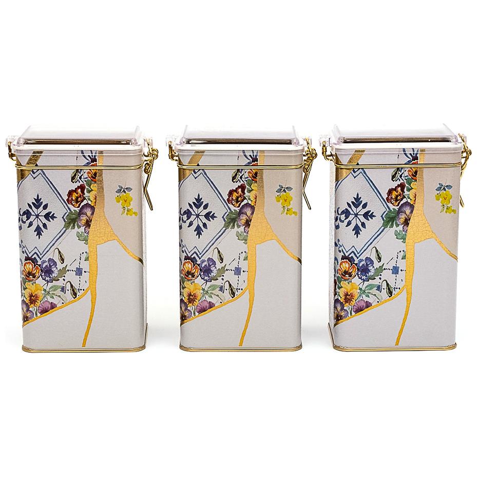 75x100x150 mm Dikdörtgen Metal Kutu Seti (3'lü Set) Tel Toka ve Şeffaf Kapaklı Kintsugi Altın Damarlı Çiçek Desenli Kintsu…