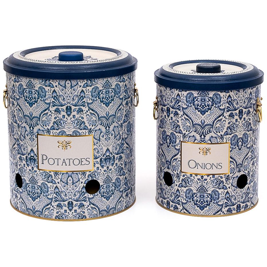 Metal Patates ve Soğan Saklama Kabı Seti Ø225x240 mm (2 Parça) Azulejo Esintili Mavi ve Beyaz Dekoratif Desen Azulejos Tas…