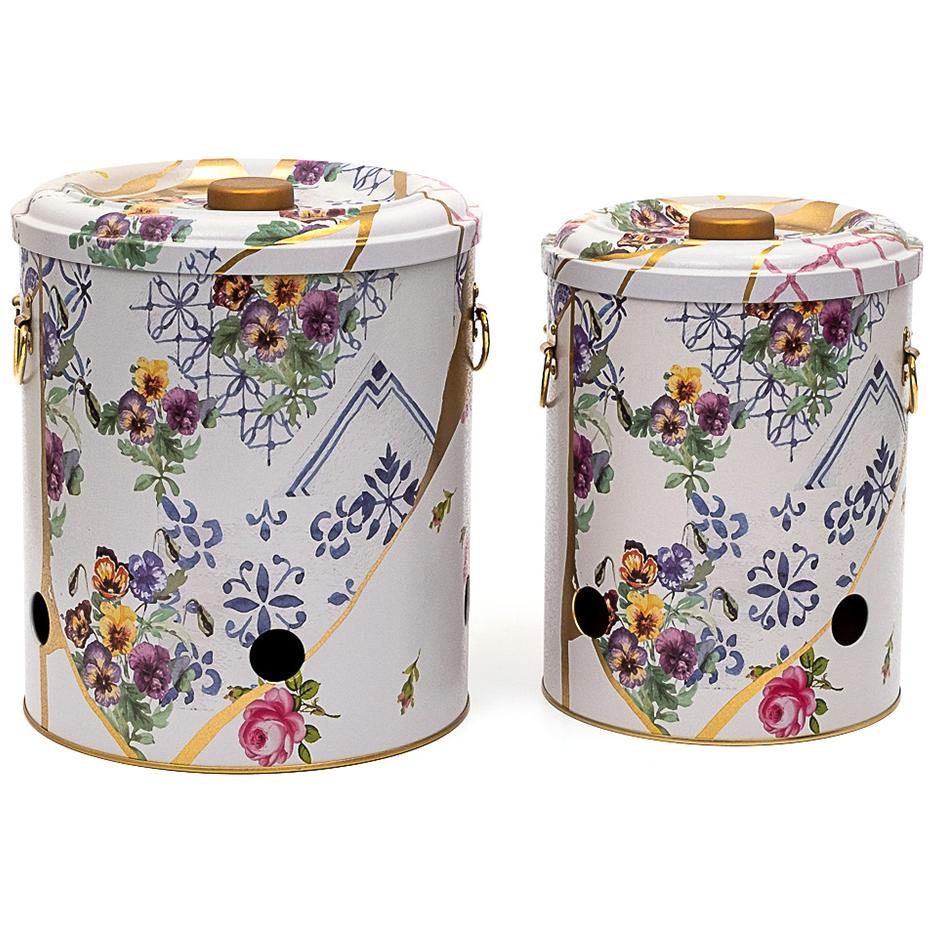 Metal Patates ve Soğan Saklama Kabı Seti Ø225x240 mm (2 Parça) Kintsugi Altın Damarlı Çiçek Desenli — Kutu Setleri — Tinbox
