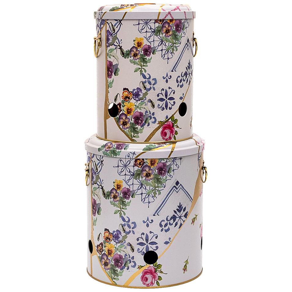 Metal Potato & Onion Storage Bin Set Ø225x240 mm ( 2 Pcs ) Kintsugi Gold vein Flower Kint Sugi Design — Box Sets — view 2 …
