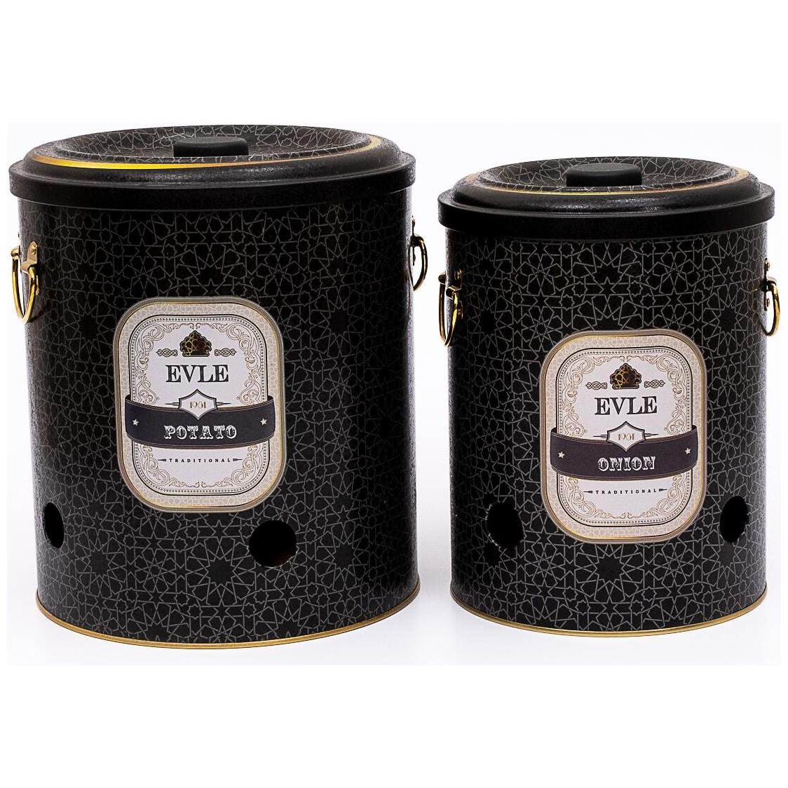Metal Potato & Onion Storage Bin Set Ø225x240 mm ( 2 Pcs ) gold geometric pattern black background Trellis Design — Box Se…
