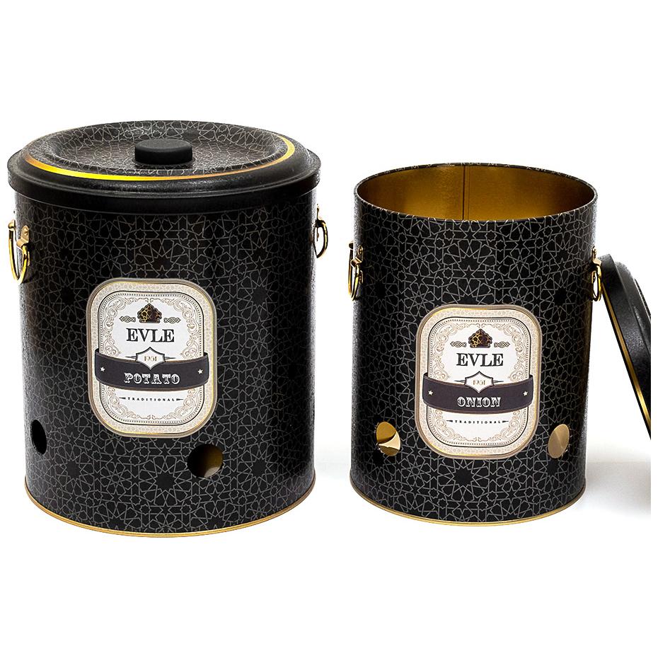 Metal Potato & Onion Storage Bin Set Ø225x240 mm ( 2 Pcs ) gold geometric pattern black background Trellis Design — Box Se…