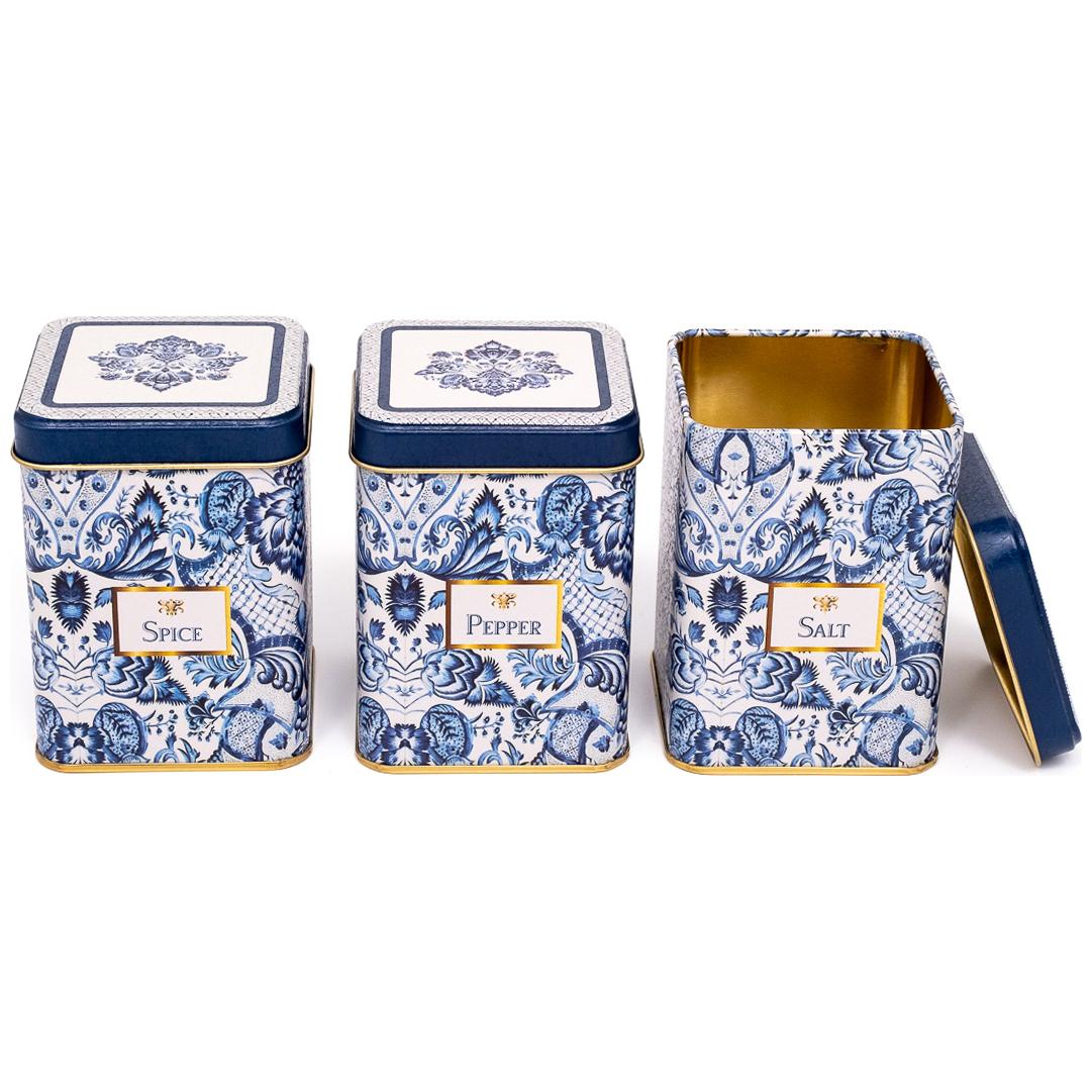 75 x 75 x 100 mm Square Metal Tin Box Set (Set of 3) Azulejo-Inspired Blue & White Decorative Pattern Azulejos Design — Bo…