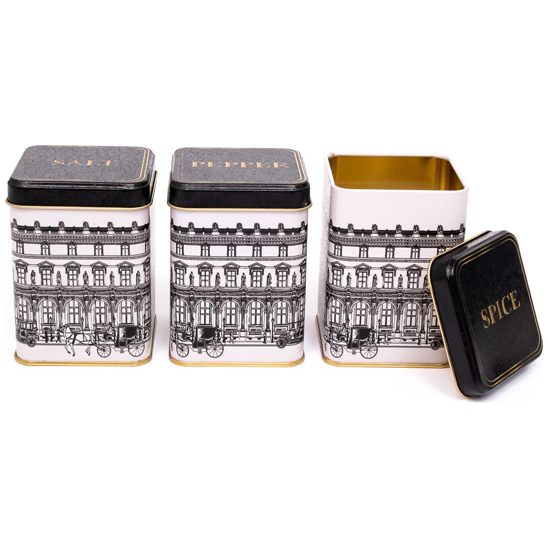 75 x 75 x 100 mm Kare Metal Teneke Kutu Seti (3'lü Set) Vintage Şehir Manzaraları İllüstrasyonu Şehir Tasarımı — Kutu Setl…
