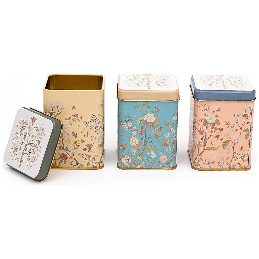75 x 75 x 100 mm Kare Metal Teneke Kutu Seti (3'lü Set) Çiçek Desenli Pastel Mavi Botanica Tasarım — Kutu Setleri — görsel…