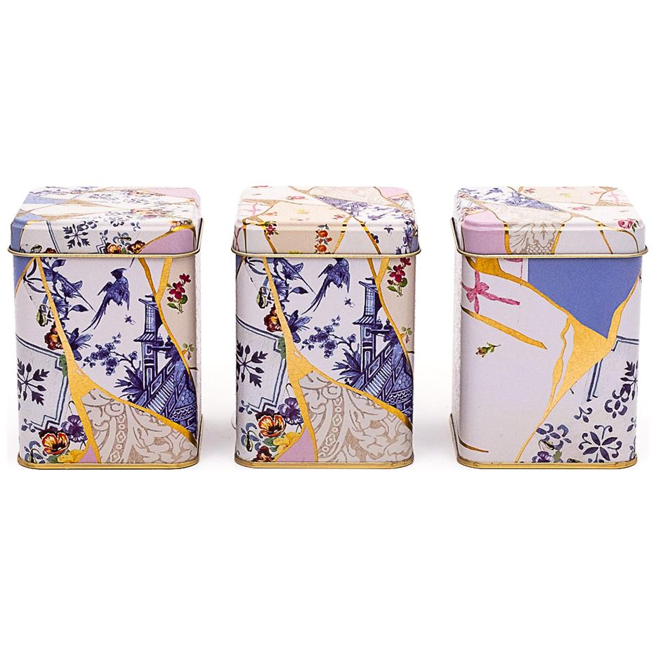 75 x 75 x 100 mm Kare Metal Teneke Kutu Seti (3'lü Set) Kintsugi Altın Damarlı Çiçek Kintsugi Tasarımı — Kutu Setleri — gö…
