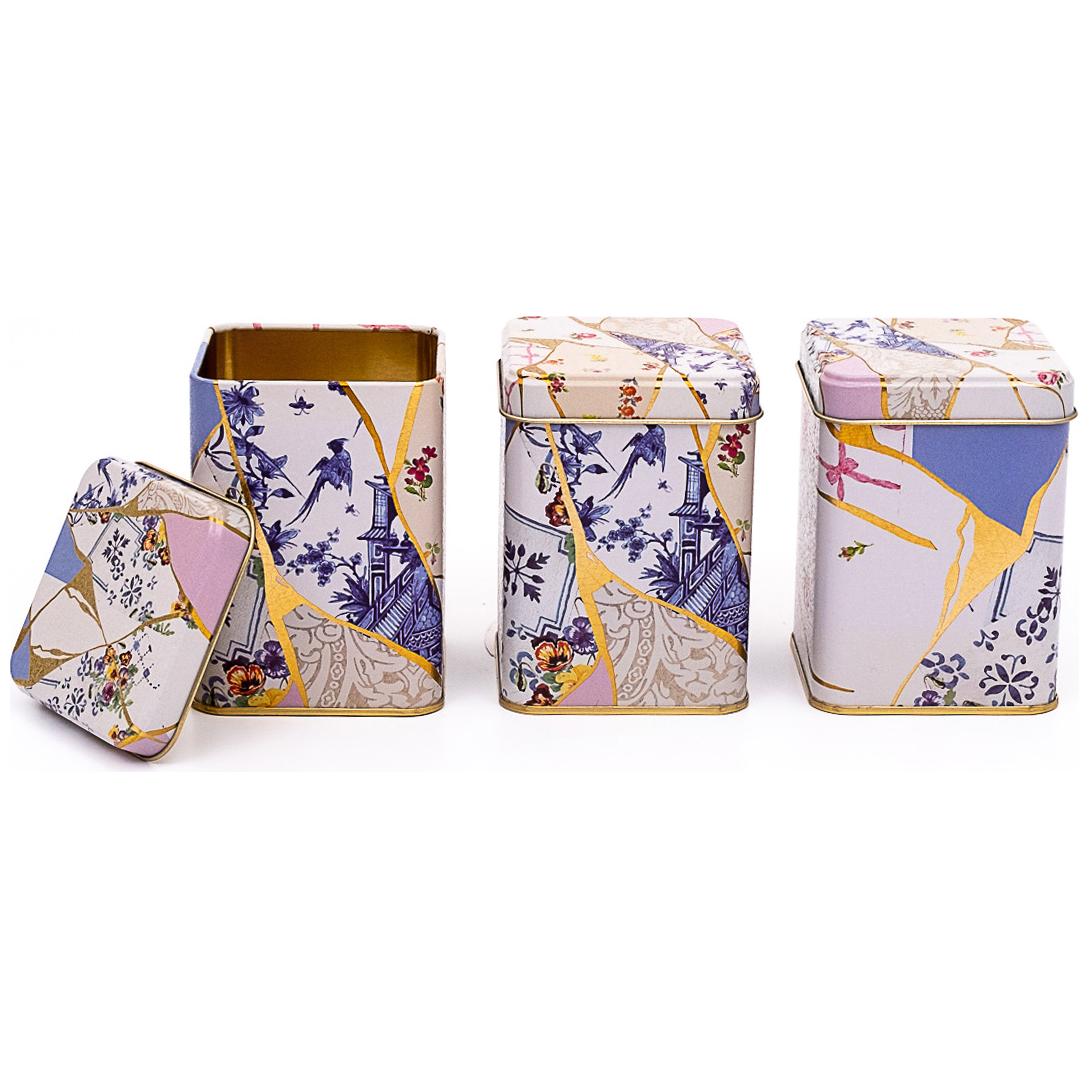 75 x 75 x 100 mm Kare Metal Teneke Kutu Seti (3'lü Set) Kintsugi Altın Damarlı Çiçek Kintsugi Tasarımı — Kutu Setleri — gö…
