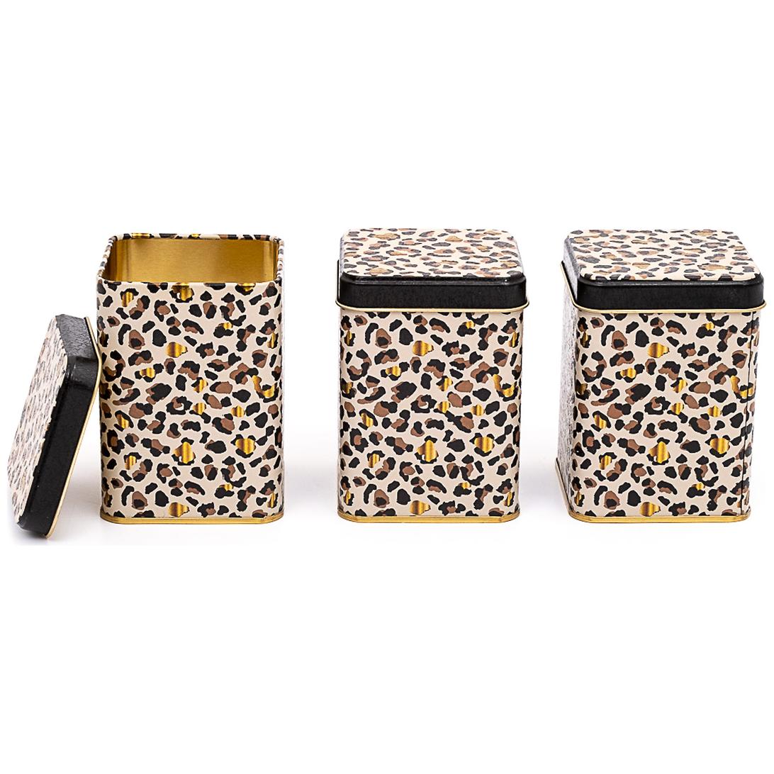 75 x 75 x 100 mm Kare Metal Teneke Kutu Seti (3'lü Set) Altın Leopar Desenli Leopar Tasarımı — Kutu Setleri — görsel 2 / 2…