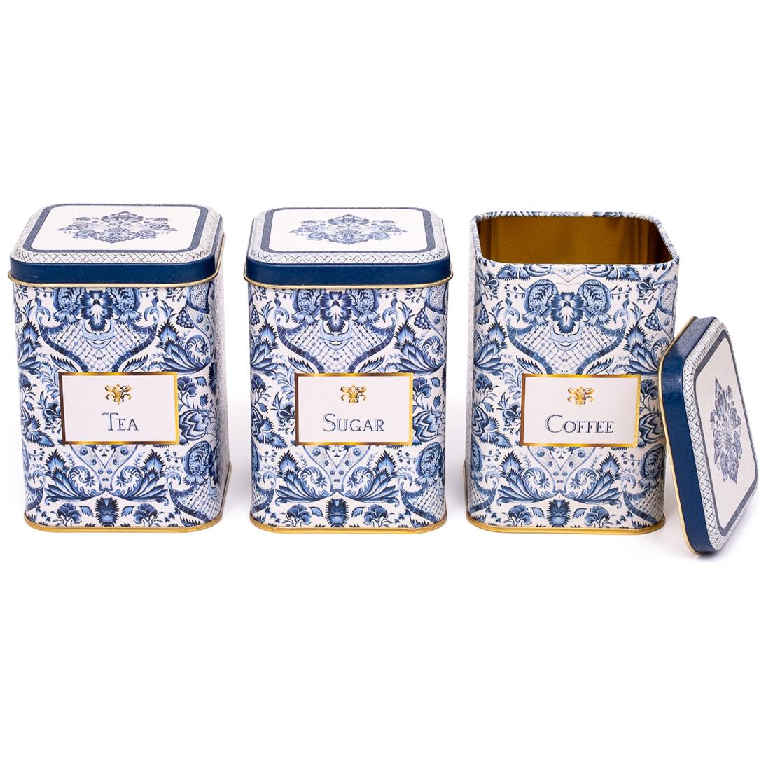 Kare Metal Saklama Kabı Seti – 87x87x125 mm (3'lü Set) Azulejo Esintili Mavi ve Beyaz Dekoratif Desen Azulejo Tasarımı — K…