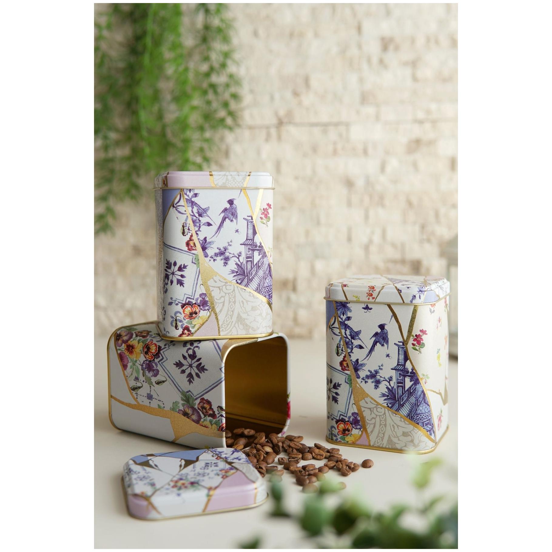 Kare Metal Saklama Kabı Seti – 87x87x125 mm (3'lü Set) Kintsugi Altın Damarlı Çiçek Desenli — Kutu Setleri — Tinbox