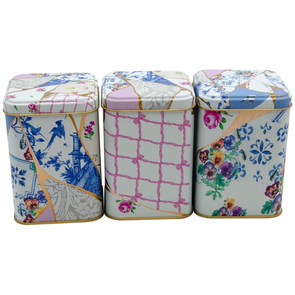 Kare Metal Saklama Kabı Seti – 87x87x125 mm (3'lü Set) Kintsugi Altın Damarlı Çiçek Desenli — Kutu Setleri — görsel 2 / 2 …