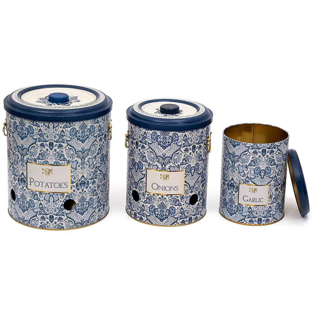 Patates, Soğan ve Sarımsak İçin Üçlü Metal Saklama Kabı Seti (3 Parça) Azulejo Esintili Mavi ve Beyaz Dekoratif Desen Azul…