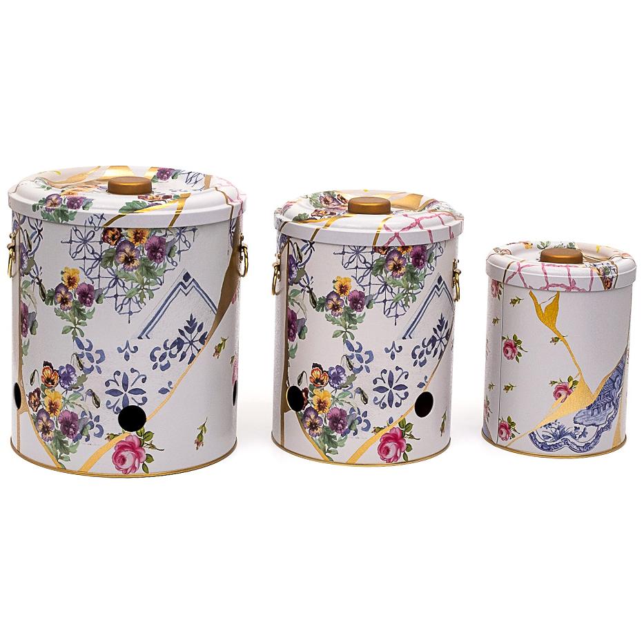 Triple Metal Bin Set for Potato Onion and Garlic (3 Pcs) Kintsugi Gold vein Flower Kint Sugi Design — Box Sets — Tinbox