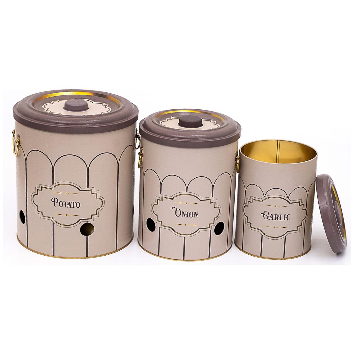 Patates, Soğan ve Sarımsak İçin Üçlü Metal Saklama Kabı Seti (3 Parça) Retro Tasarım — Kutu Setleri — görsel 3 / 4 — Tinbox