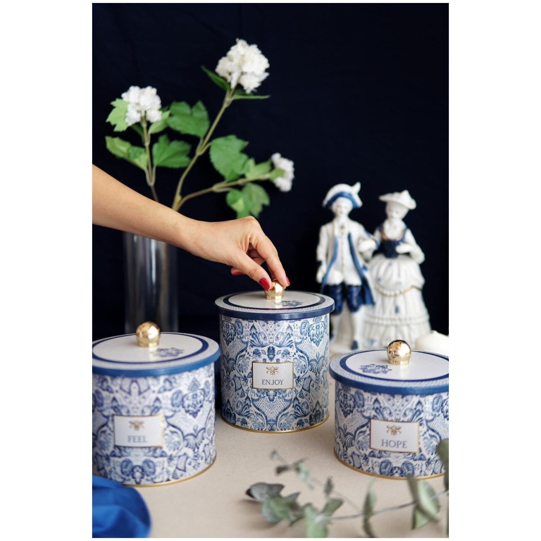 Yuvarlak Metal Teneke Kutu Seti Ø140 mm (3 Adet) Azulejo Esintili Mavi ve Beyaz Dekoratif Desen Azulejo Tasarımı — Kutu Se…