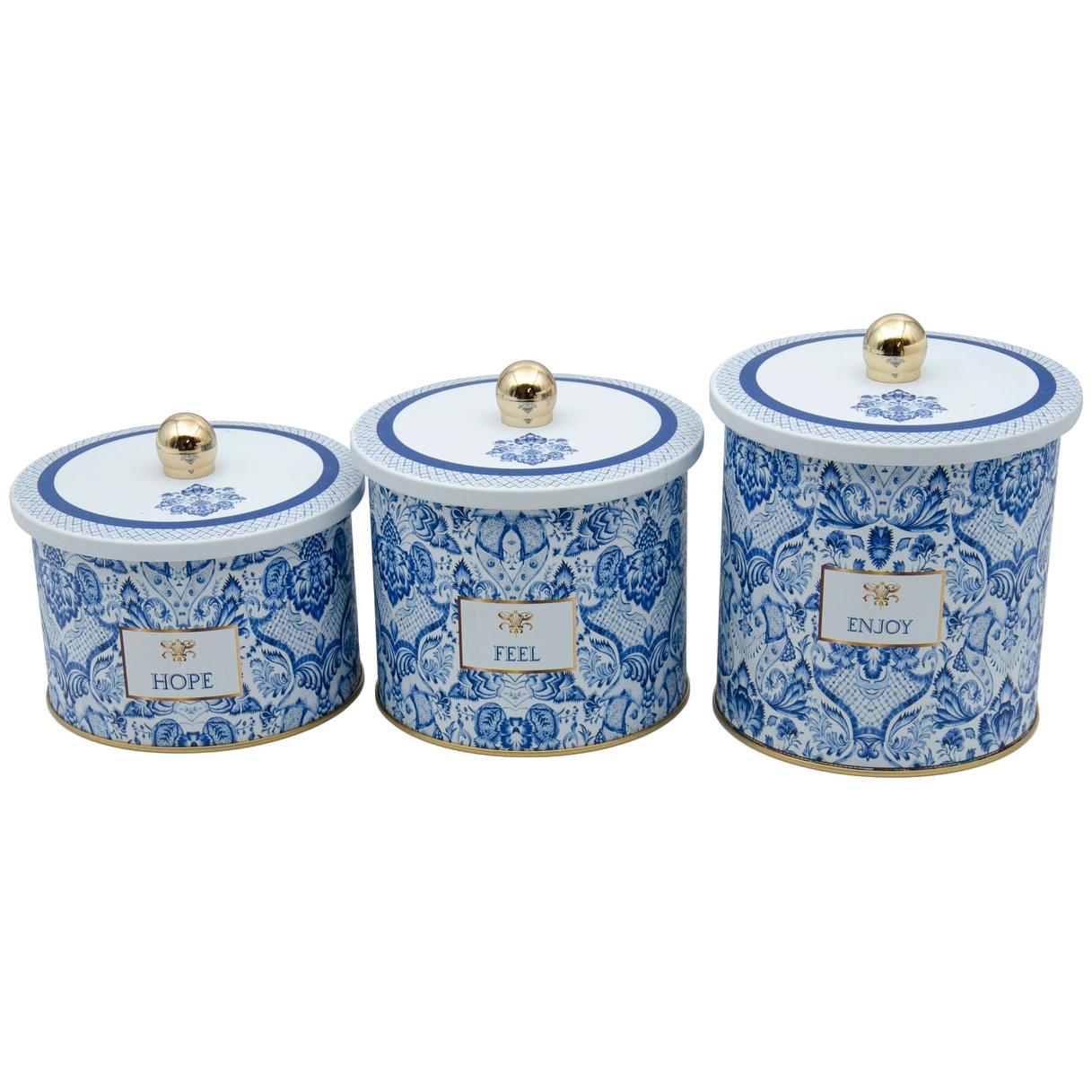 Yuvarlak Metal Teneke Kutu Seti Ø140 mm (3 Adet) Azulejo Esintili Mavi ve Beyaz Dekoratif Desen Azulejo Tasarımı — Kutu Se…