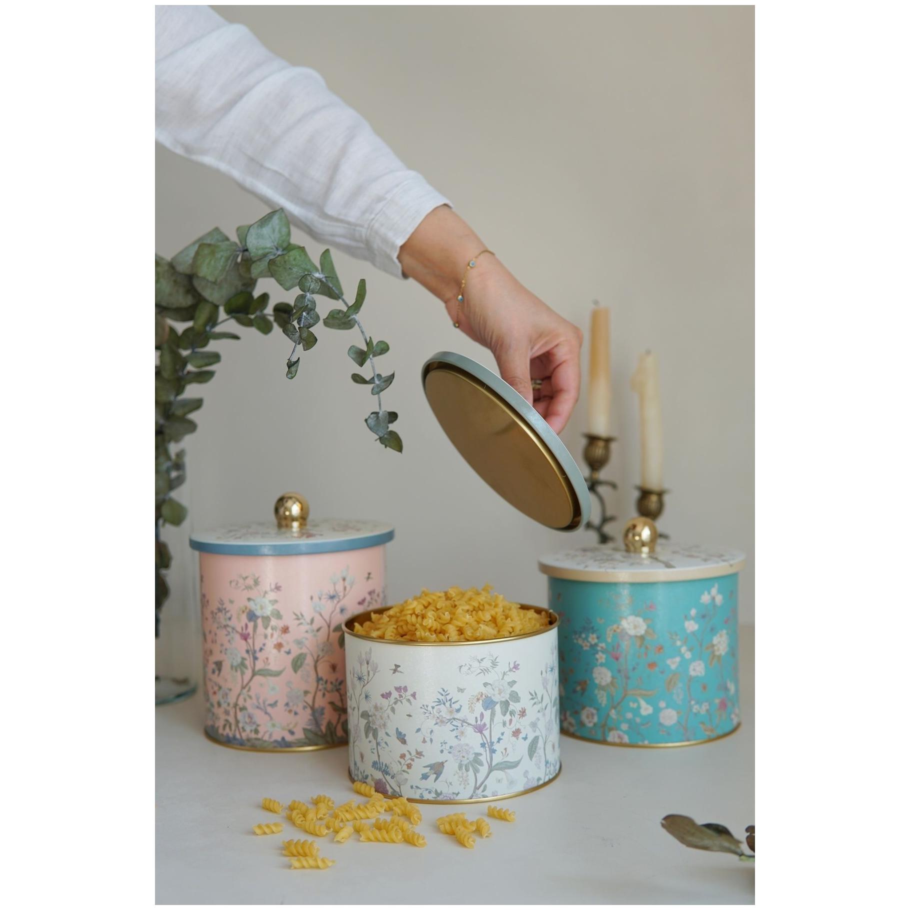 Round Metal Tin Canister Set Ø140 mm ( 3Pcs) Floral Design Pastel Blue Botanica Design — Box Sets — Tinbox