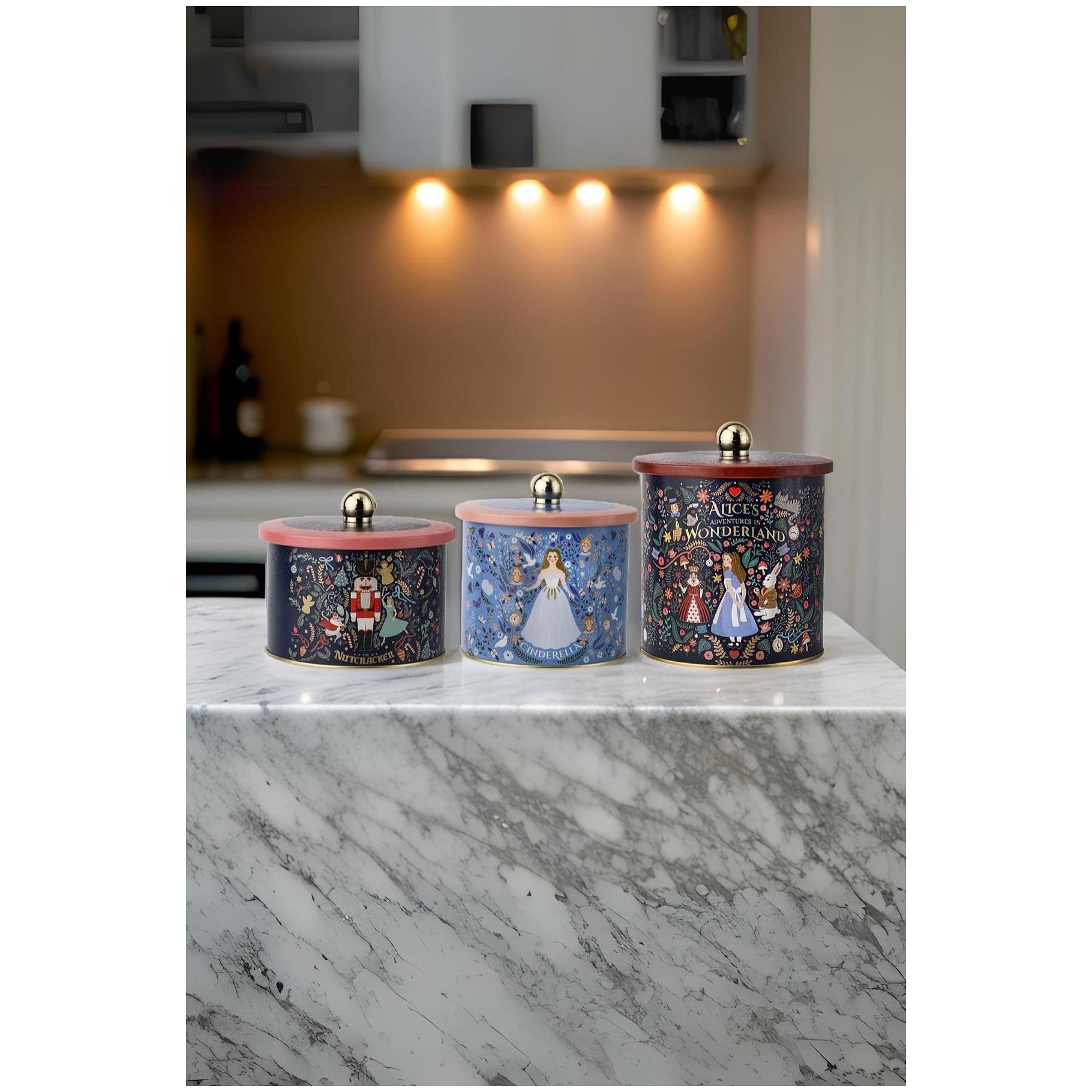 Round Metal Tin Canister Set Ø140 mm ( 3Pcs) Vintage Café-Inspired Linen Texture Design Tales Design — Box Sets — view 3 o…