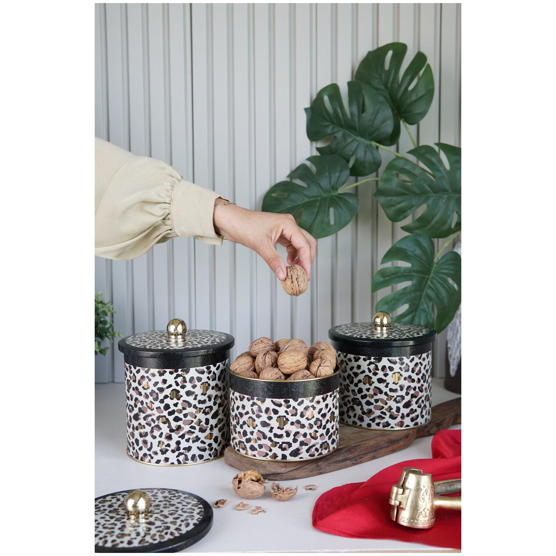 Round Metal Tin Canister Set Ø140 mm ( 3Pcs) Gold Leopard Print Pattern Leo Design — Box Sets — Tinbox