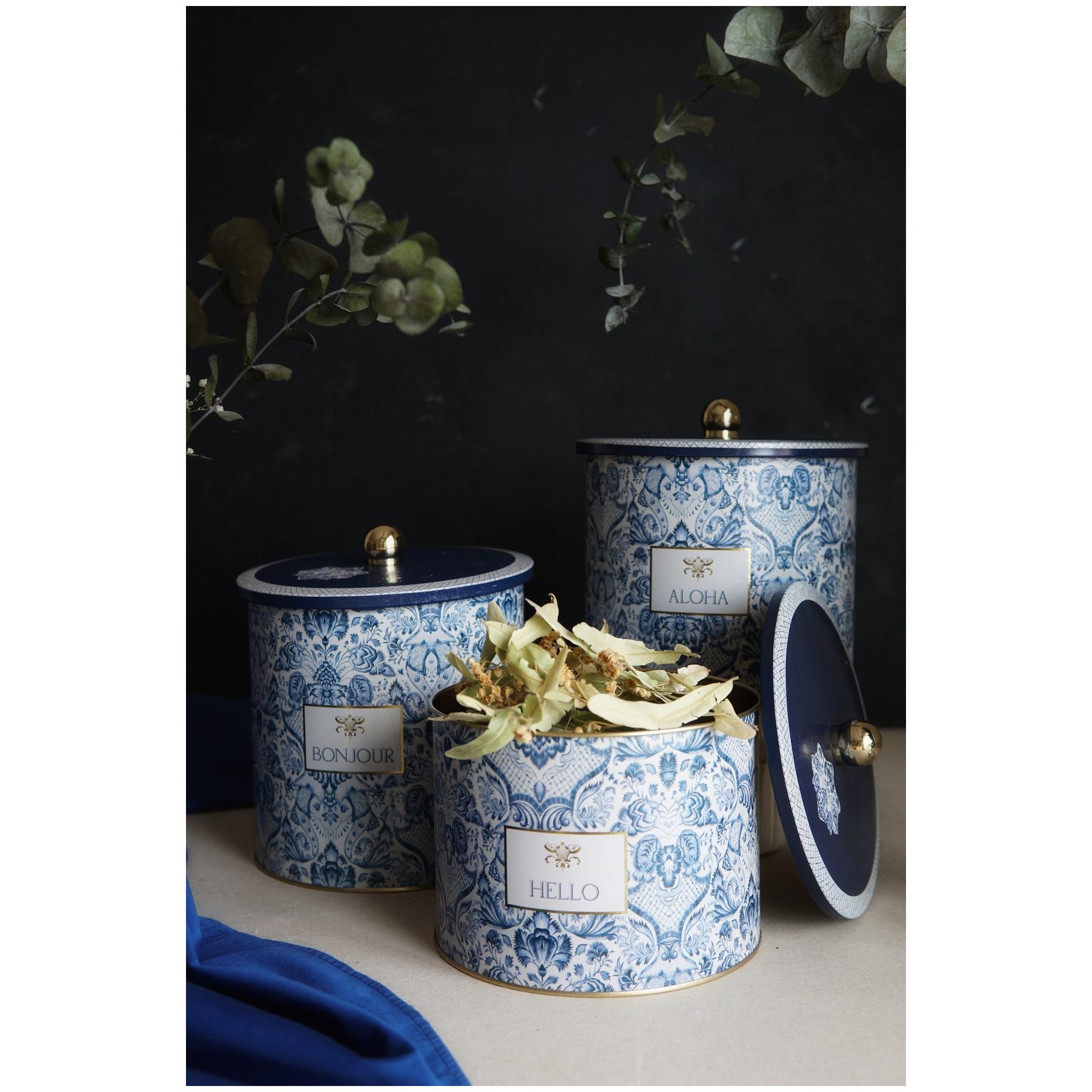 Round Metal Tin Canister Set Ø175 mm ( 3Pcs) Azulejo-Inspired Blue & White Decorative Pattern Azulejos Design — Box Sets —…