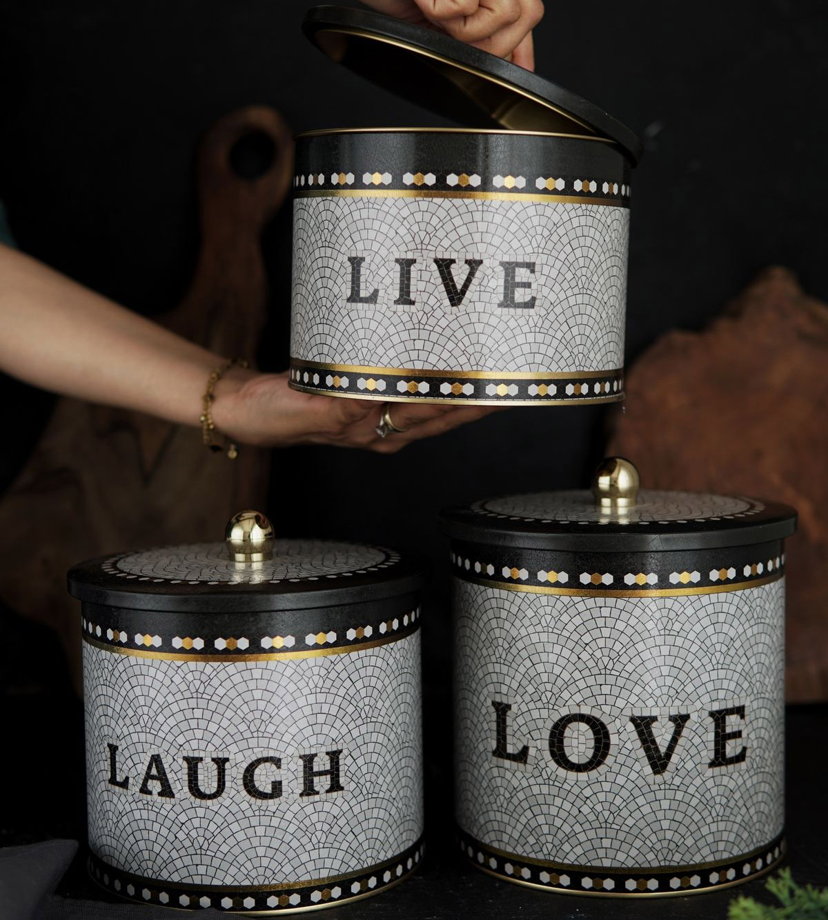 Round Metal Tin Canister Set Ø175 mm ( 3Pcs) Geometric Mosaic Pattern Mosaic Design — Box Sets — Tinbox
