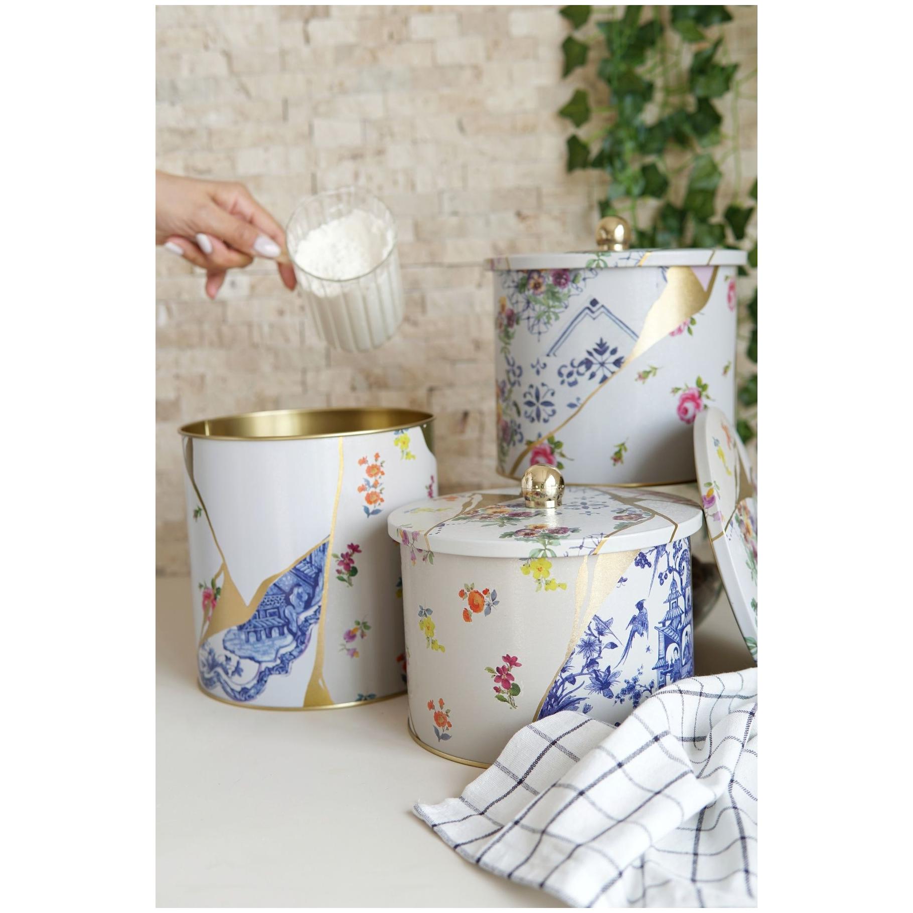 Yuvarlak Metal Teneke Kutu Seti Ø175 mm (3 Adet) Kintsugi Altın Damarlı Çiçek Kintsugi Tasarımı — Kutu Setleri — Tinbox