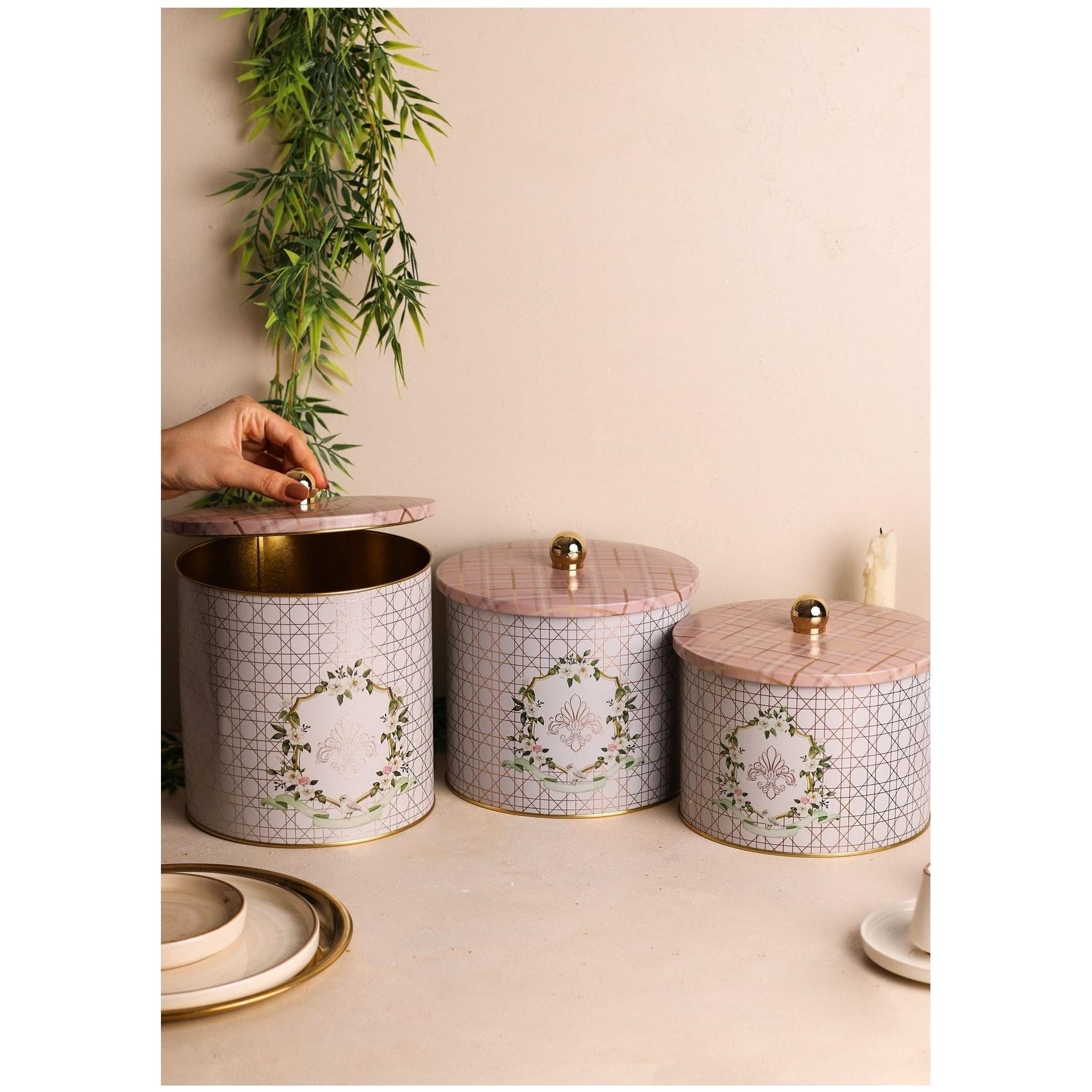 Round Metal Tin Canister Set Ø175 mm ( 3Pcs) Rosy Rosy Design — Box Sets — Tinbox
