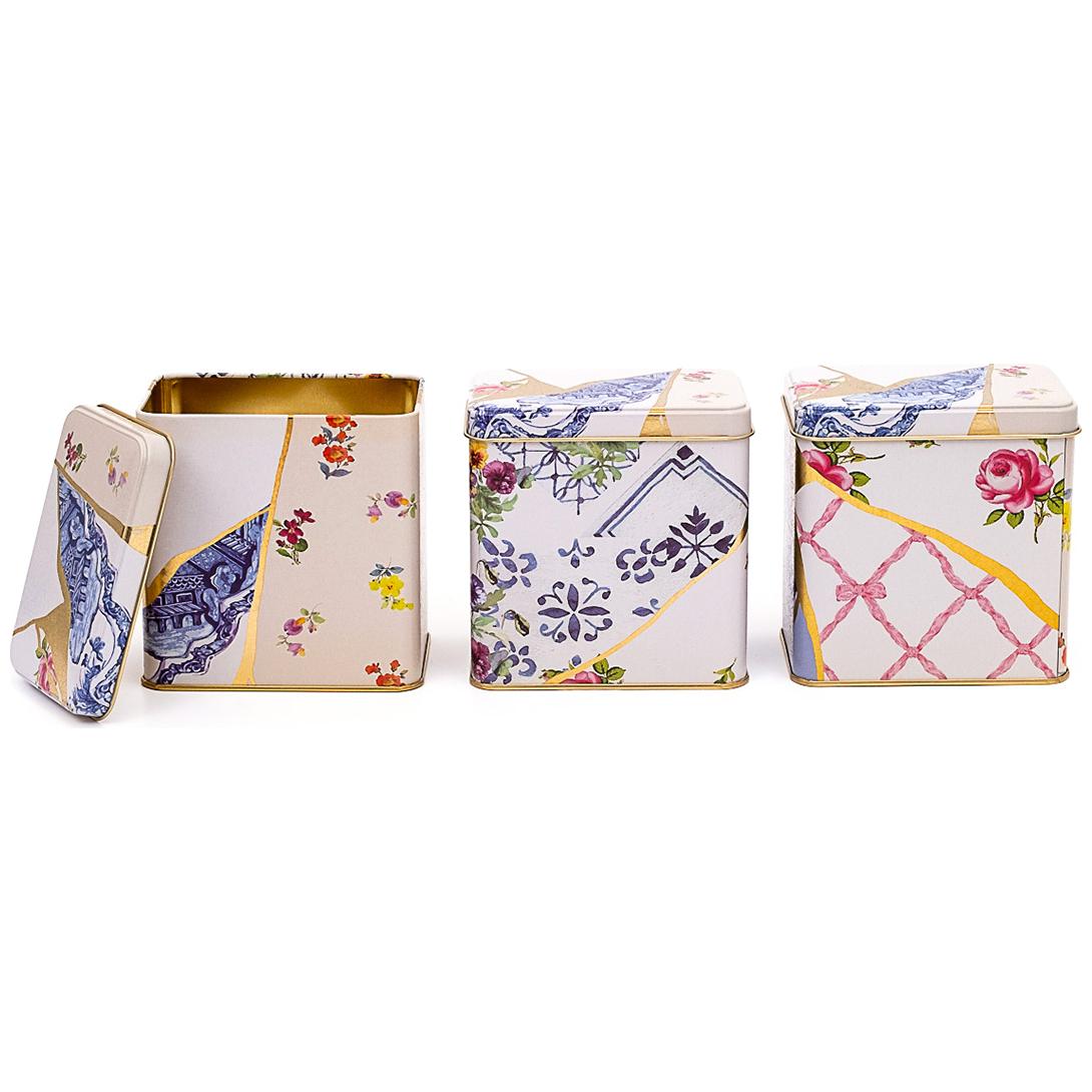 Dikdörtgen Metal Saklama Seti – 80x 120 mm (3'lü Set) Kintsugi Altın Damarlı Çiçek Kintsugi Tasarımı — Kutu Setleri — görs…