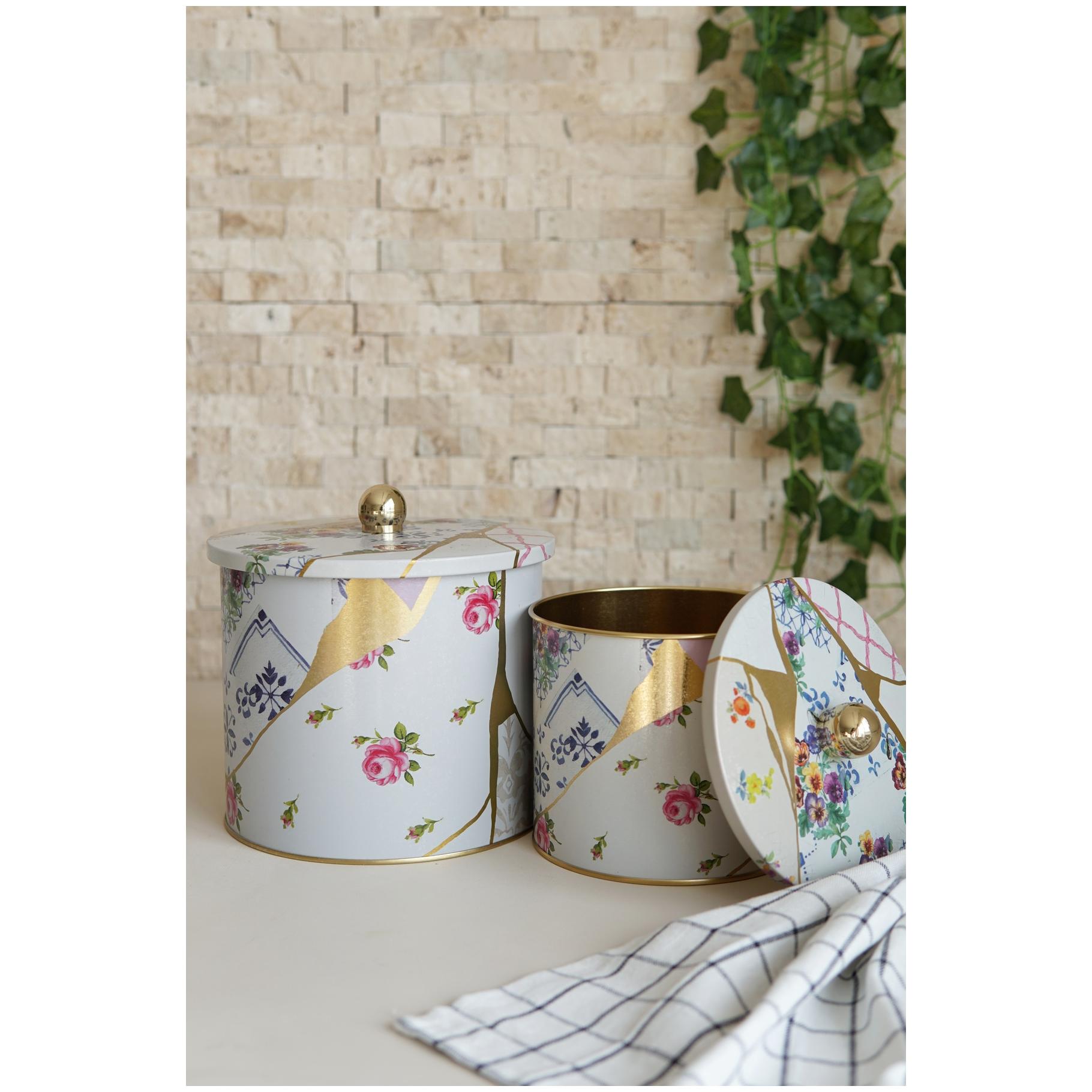 Yuvarlak Metal Teneke Kutu Seti Ø175x155 - Ø140x125 Topuzlu Kulp (2 Adet) Kintsugi Altın Damarlı Çiçek Kintsugi Tasarımı —…