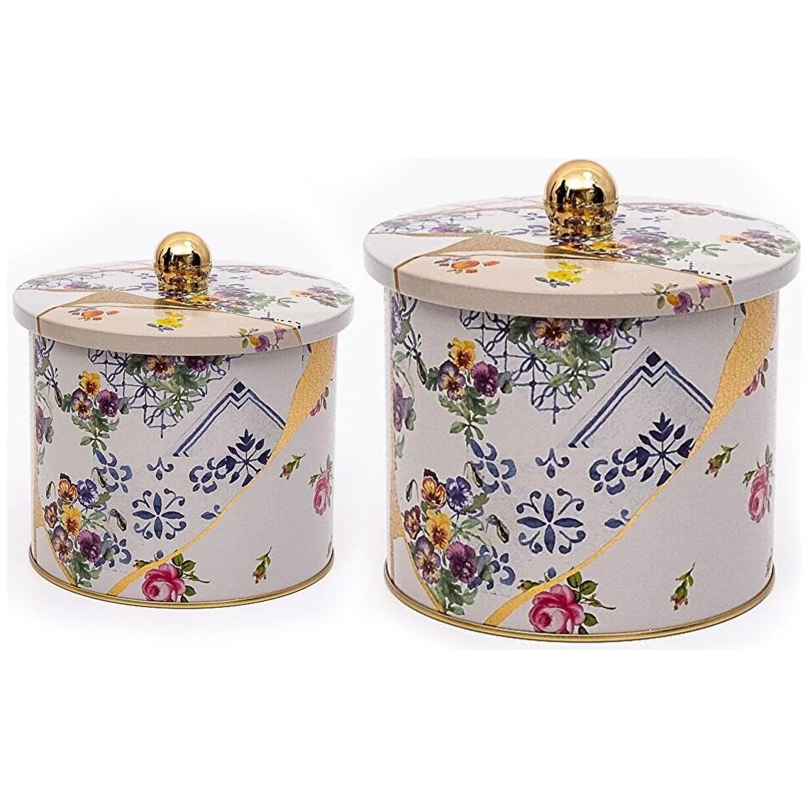 Yuvarlak Metal Teneke Kutu Seti Ø175x155 - Ø140x125 Topuzlu Kulp (2 Adet) Kintsugi Altın Damarlı Çiçek Kintsugi Tasarımı —…
