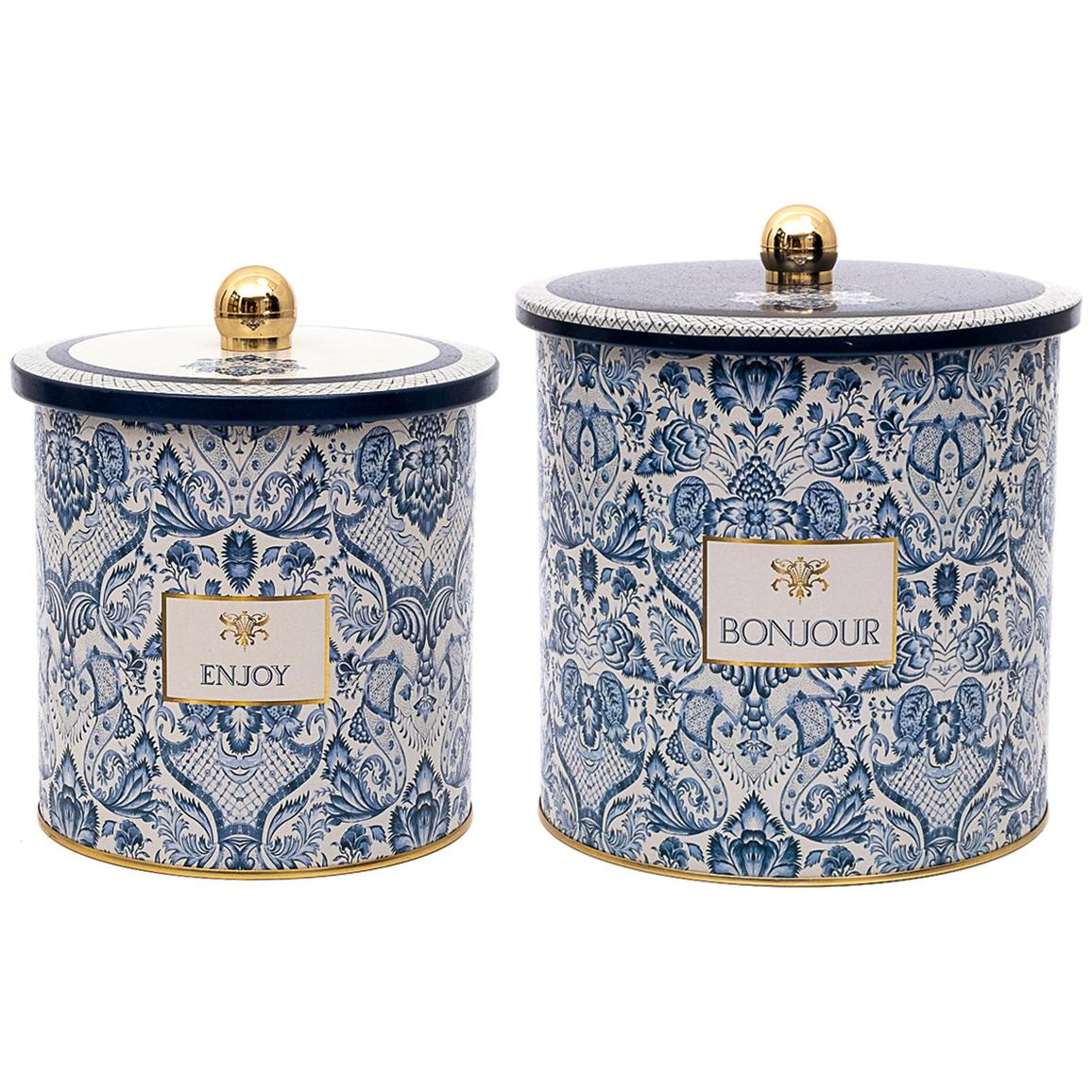 Round Metal Tin Box Set Ø175x180 - Ø140x150 Knob Handle (2 Pcs) Azulejo-Inspired Blue & White Decorative Pattern Azulejos …