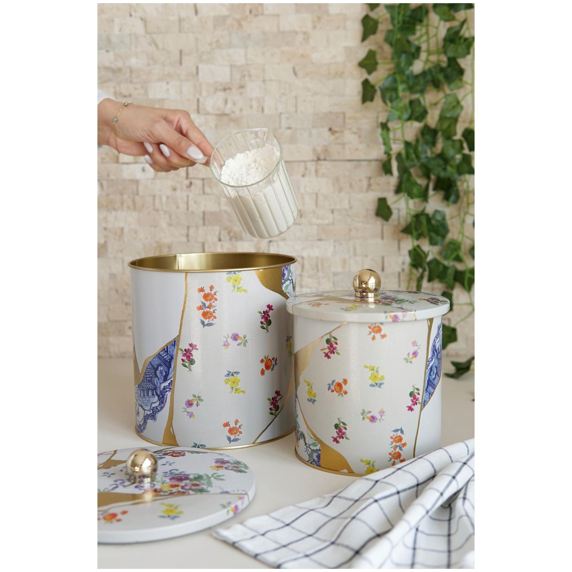 Yuvarlak Metal Teneke Kutu Seti Ø175x180 - Ø140x150 Topuzlu Kulp (2 Adet) Kintsugi Altın Damarlı Çiçek Kintsugi Tasarımı —…